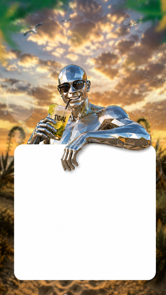 Personagem na praia segurando um quadro branco